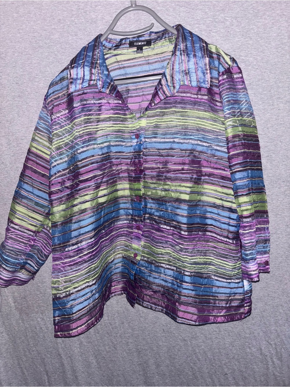 Elementz Striped Button-Front Women’s Top Purple/Green/Blue 3/4 sleeves